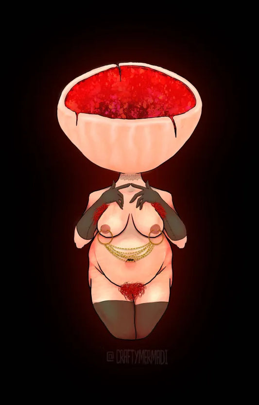 Scarlet Elf Cup Mushroom Babe character artwork by Crafty MerMadi - Sarcoscypha coccinea character illustration (NSFW)