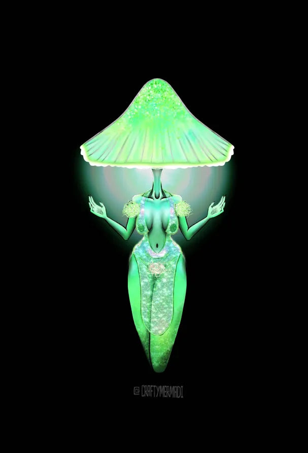 Green Pepe Mushroom Babe character artwork by Crafty MerMadi - Mycena chlorophos character illustration (NSFW)