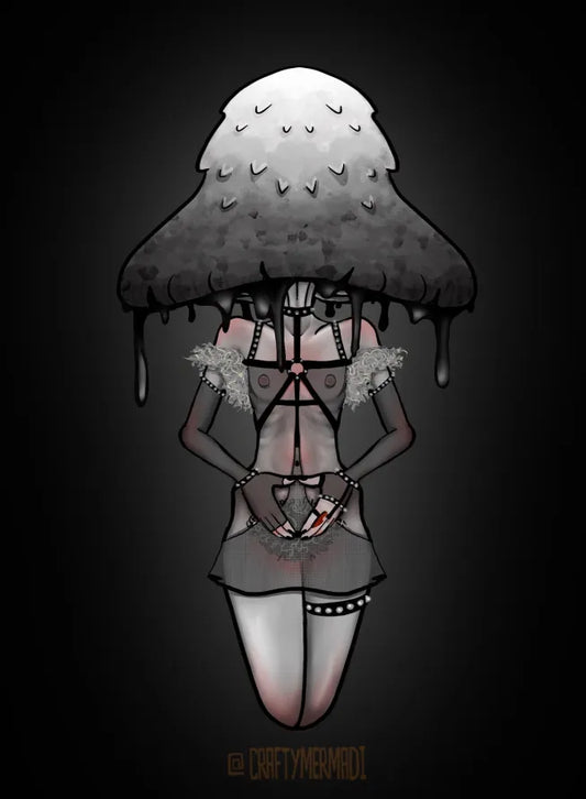 Inky Cap Mushroom Babe character artwork by Crafty MerMadi - Coprinopsis atramentaria character illustration (NSFW)