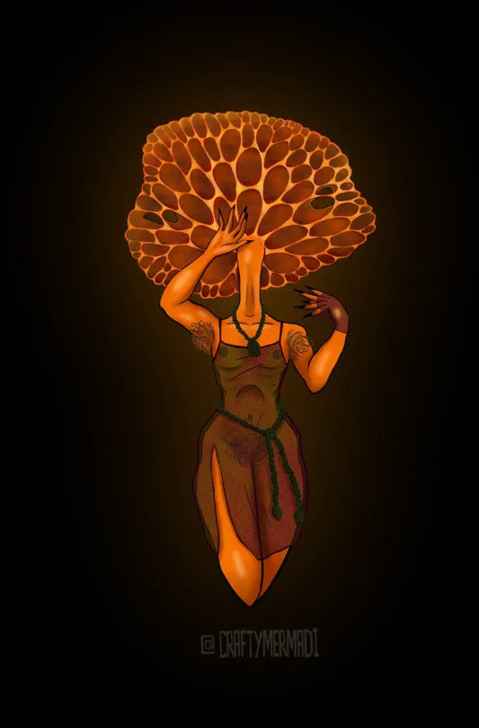 Orange Porecap Mushroom Babe character artwork by Crafty MerMadi - Favolaschia claudopus character illustration (NSFW)