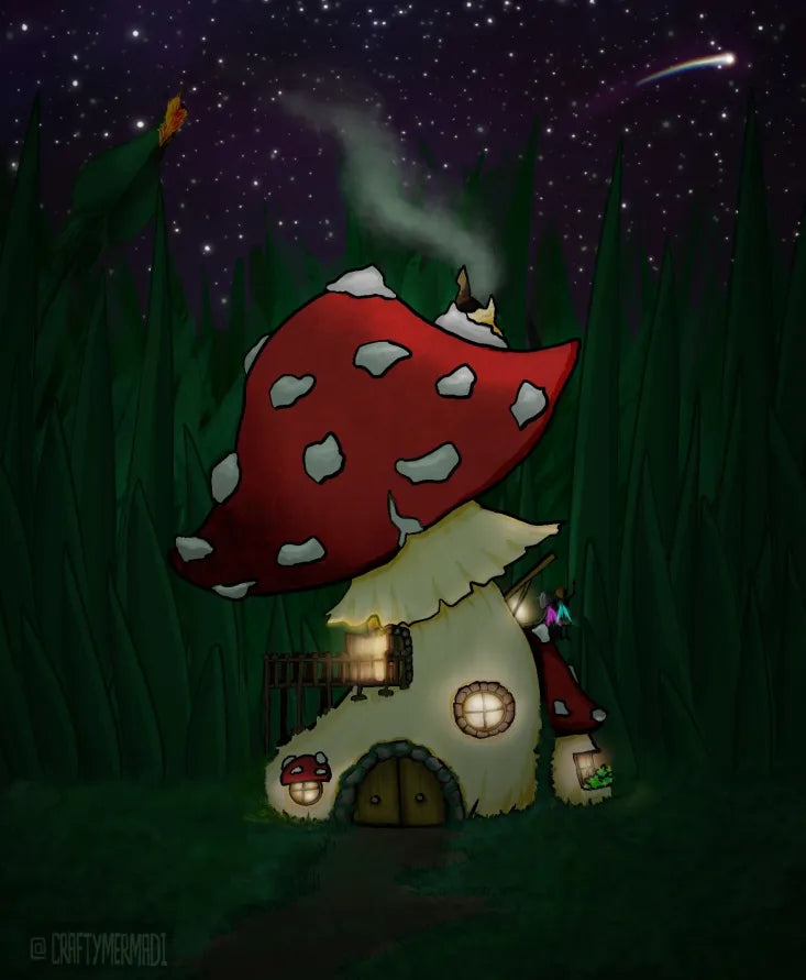 Mushroom Abode art print by Crafty MerMadi  -  original whimsical mushroom house illustration