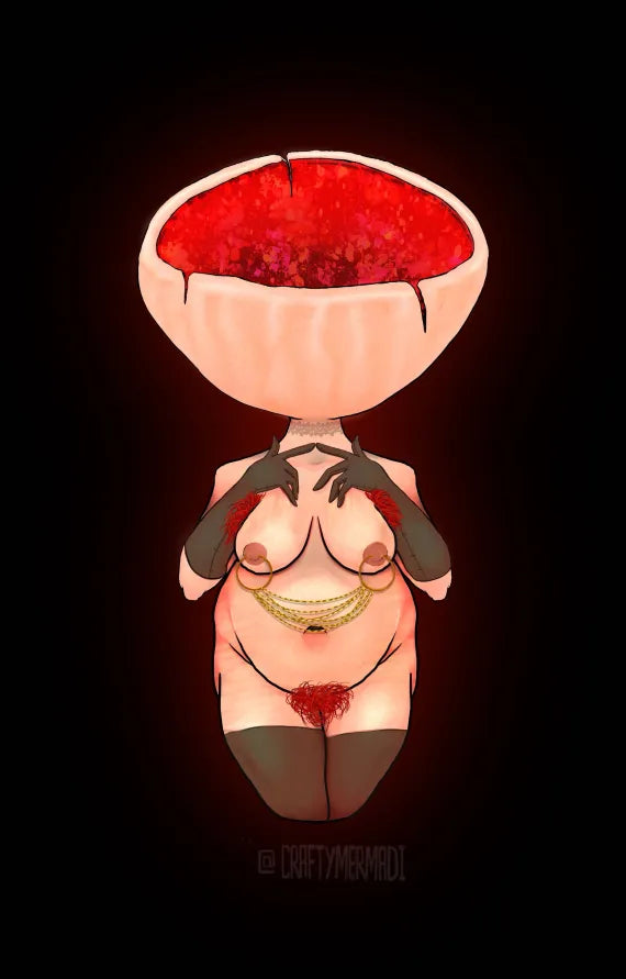 Scarlet Elf Cup Mushroom Babe character artwork by Crafty MerMadi - Sarcoscypha coccinea character illustration (NSFW)