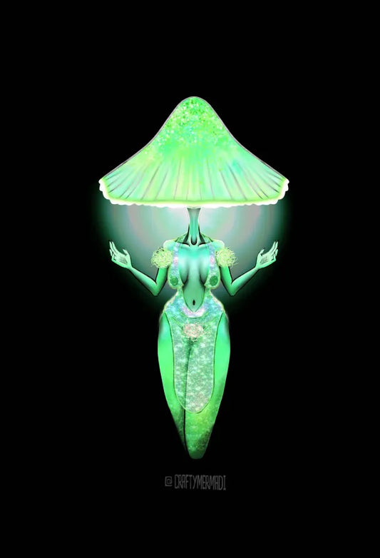 Green Pepe Mushroom Babe character artwork by Crafty MerMadi - Mycena chlorophos character illustration (NSFW)