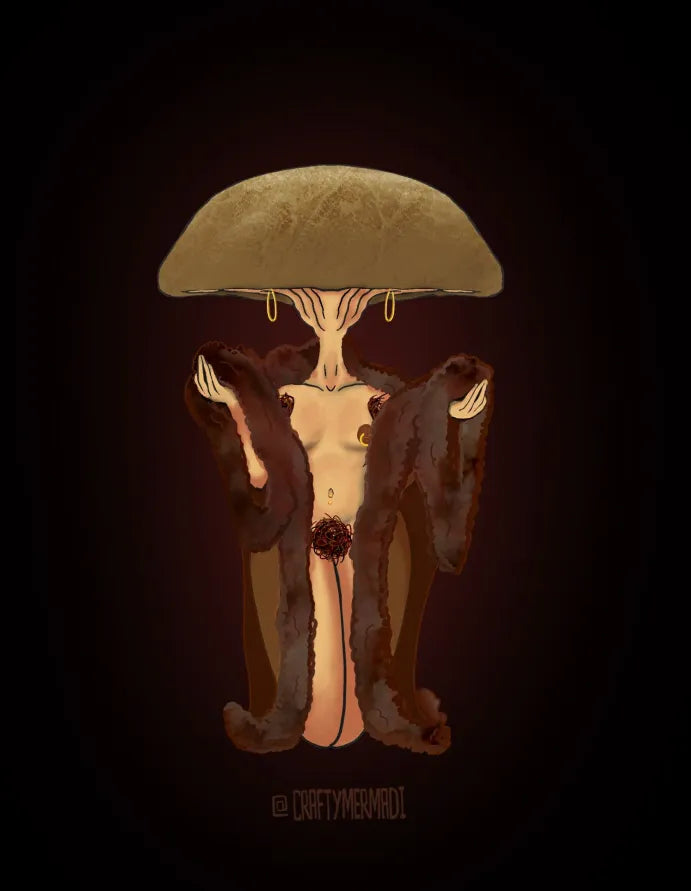 Shiitake Mushroom Babe character artwork by Crafty MerMadi - Lentinula edodes character illustration (NSFW)
