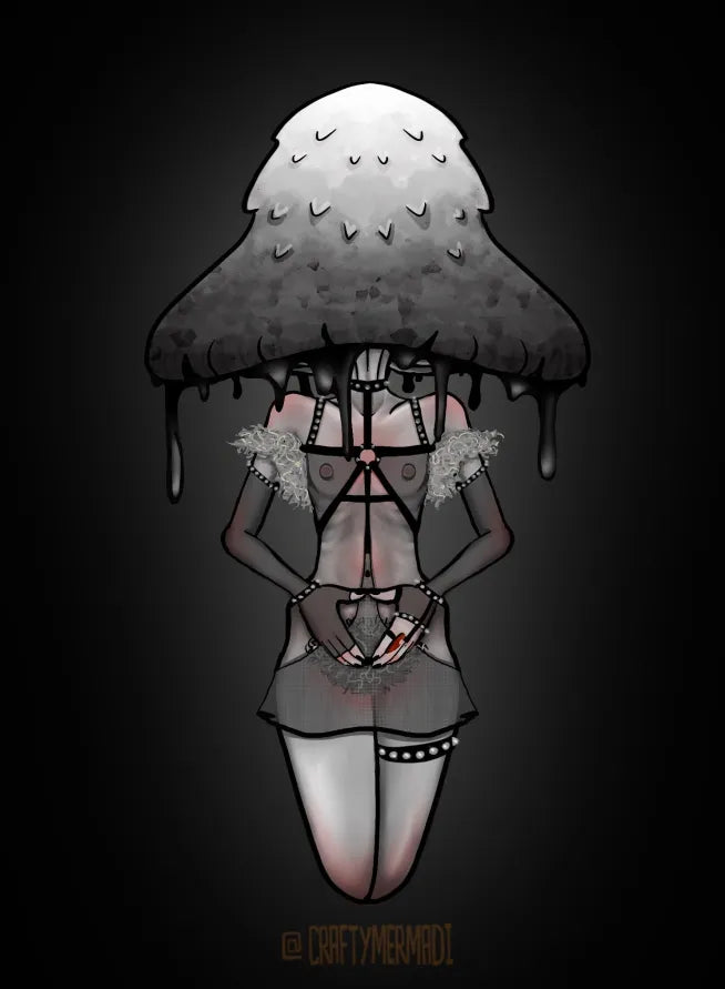 Inky Cap Mushroom Babe character artwork by Crafty MerMadi - Coprinopsis atramentaria character illustration (NSFW)