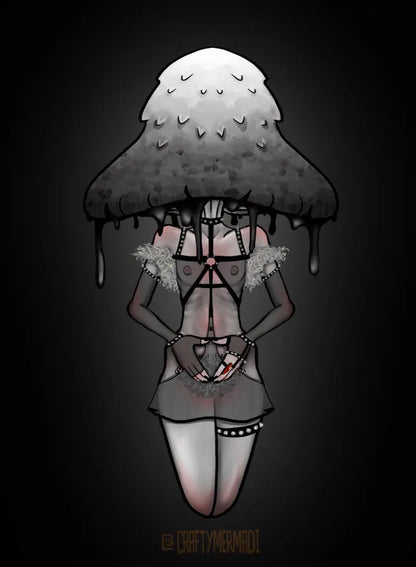 Inky Cap Mushroom Babe character artwork by Crafty MerMadi - Coprinopsis atramentaria character illustration (NSFW)